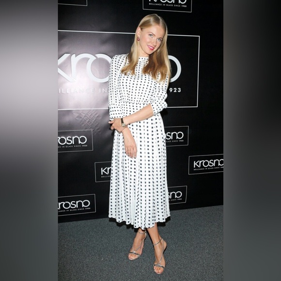 White Black Two-Tone Polka Dot Pleated Midi Dress Classic Stylish Elegant Modest - Picture 3 of 16